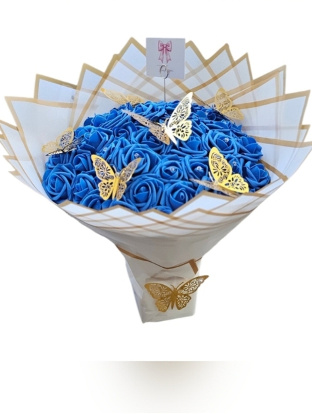 Artificial Rose Bouquet with Gold Butterfly Accents - Blue